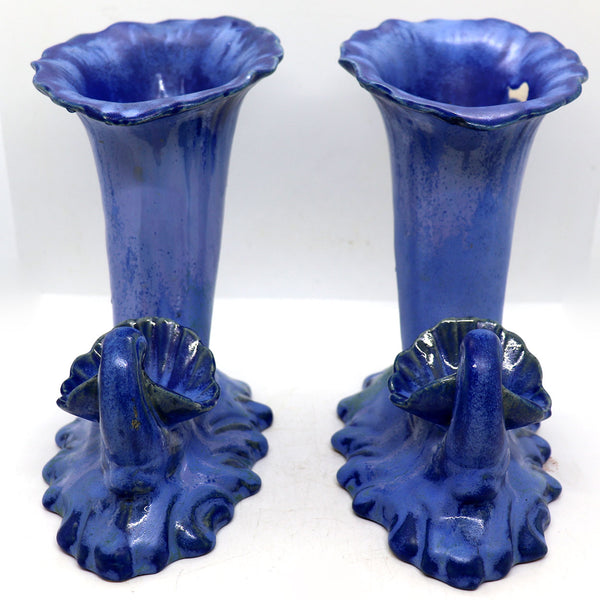 Pair of American Fulper Pottery Blue Flambe Crystalline Cornucopia Vases