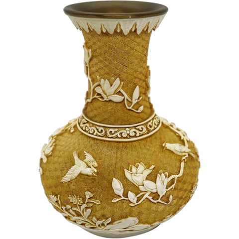 Chinese Brass Mounted Yellow Cinnabar Lacquer Baluster Vase