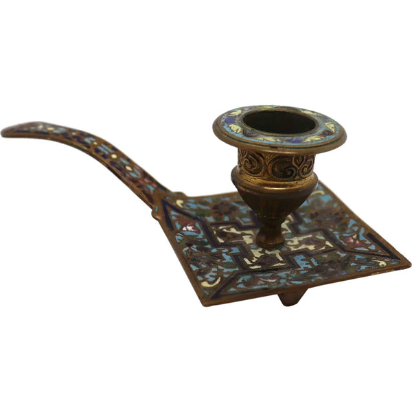 French Champleve Enamel and Bronze Chamberstick Candlestick