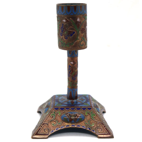 Small Chinese Cloisonne Enamel Brass Mounted Butterfly Candlestick