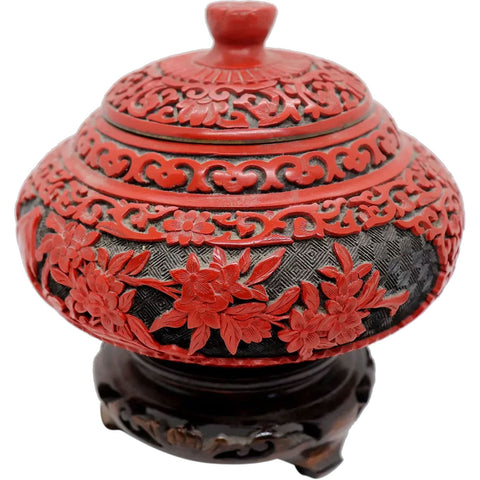 Vintage Chinese Red Cinnabar and Enamel Round Box on Wooden Stand