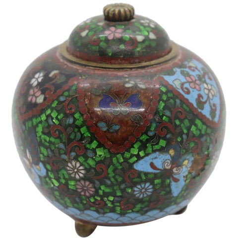 Japanese Meiji Ginbari Cloisonné Enamel, Goldstone and Bronze Koro Jar