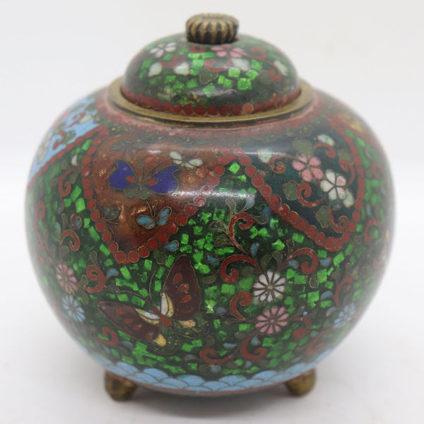 Japanese Meiji Ginbari Cloisonné Enamel, Goldstone and Bronze Koro Jar