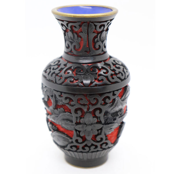 Vintage Chinese Black Lacquer, Red Cinnabar, Enamel Cabinet Vase