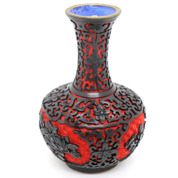 Vintage Chinese Enamel, Black and Red Cinnabar Lacquer Brass Mounted Vase