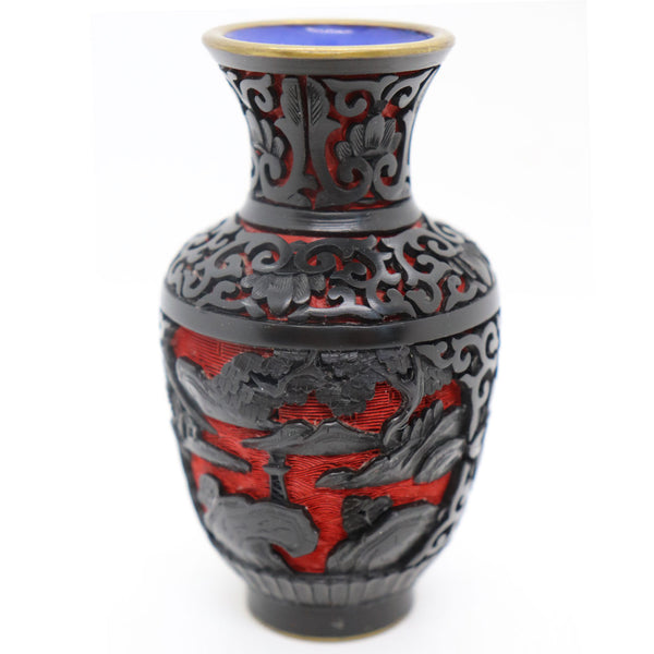Vintage Chinese Black Lacquer, Red Cinnabar, Enamel Cabinet Vase