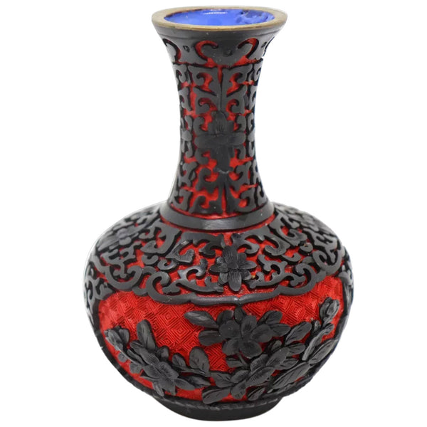 Vintage Chinese Enamel, Black and Red Cinnabar Lacquer Brass Mounted Vase