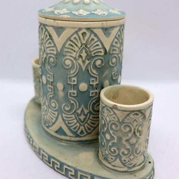 Scarce American Roseville Pottery Blue Tinted Ivory Combination Smoker Set