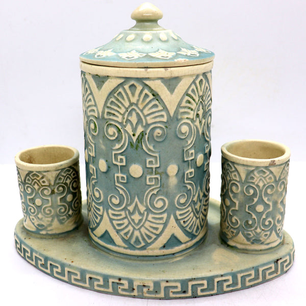 Scarce American Roseville Pottery Blue Tinted Ivory Combination Smoker Set