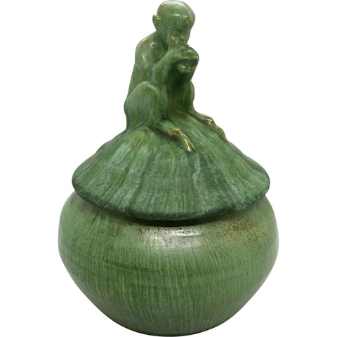 Vintage American Arts and Crafts Pottery Figural Pan Green Covered Jar