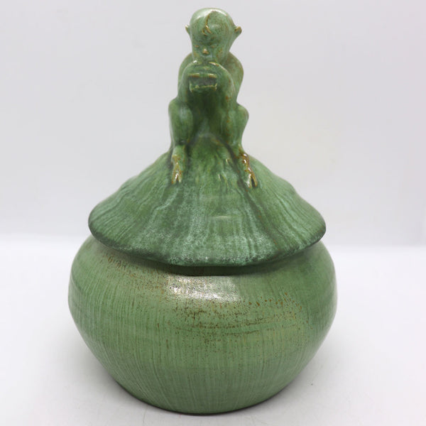 Vintage American Arts and Crafts Pottery Figural Pan Green Covered Jar