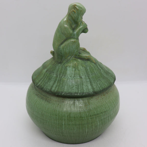 Vintage American Arts and Crafts Pottery Figural Pan Green Covered Jar