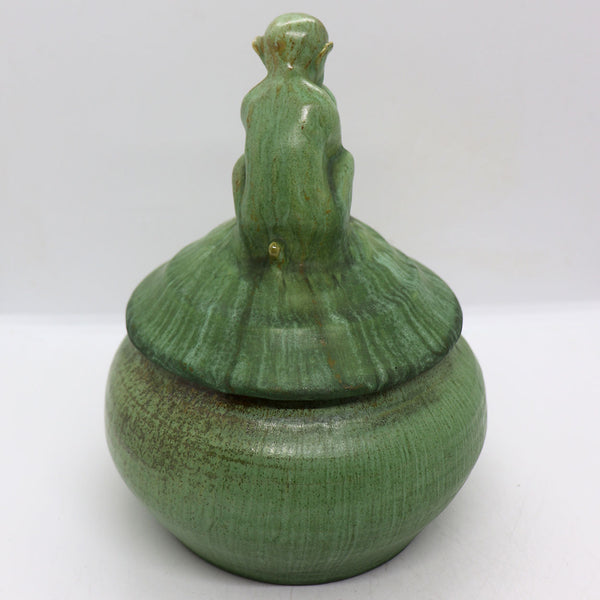 Vintage American Arts and Crafts Pottery Figural Pan Green Covered Jar