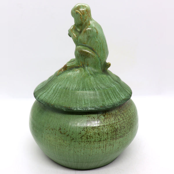 Vintage American Arts and Crafts Pottery Figural Pan Green Covered Jar