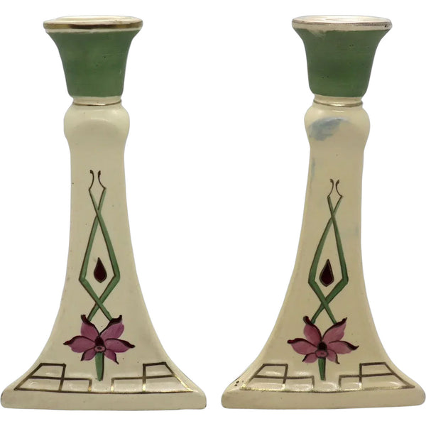 Pair of American Roseville Pottery Gold Traced Creamware Candlesticks