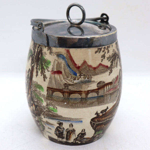 English Victorian Silverplate Mounted Transferware Pottery Jam Jar