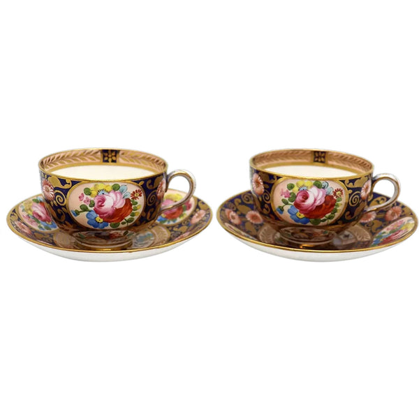 Pair of English Swansea Porcelain Imari Pattern Teacups and Saucers