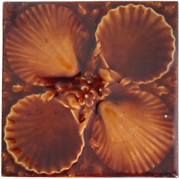 American Encaustic Tiling Co. Brown Majolica Pottery Sea Shell Tile
