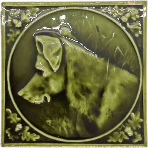 American Hamilton Tile Works Pottery Green Glaze Dog Portrait Tile