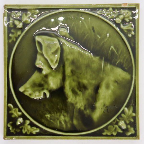 American Hamilton Tile Works Pottery Green Glaze Dog Portrait Tile