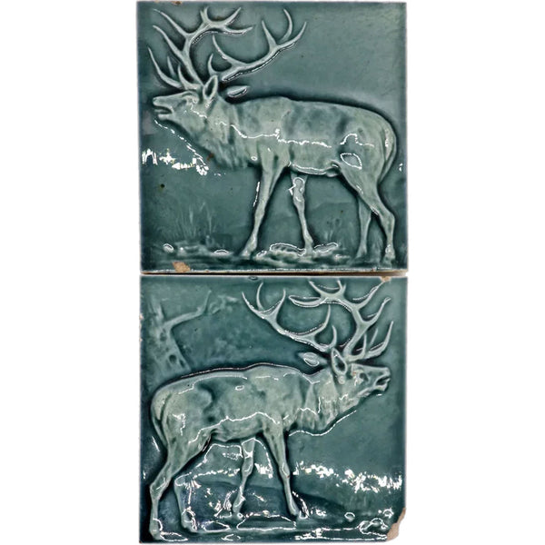 Set of Two American Hamilton Tile Works Pottery Blue Green Glaze Sparring Elk Tiles