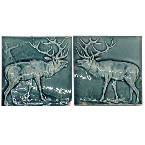 Set of Two American Hamilton Tile Works Pottery Blue Green Glaze Sparring Elk Tiles