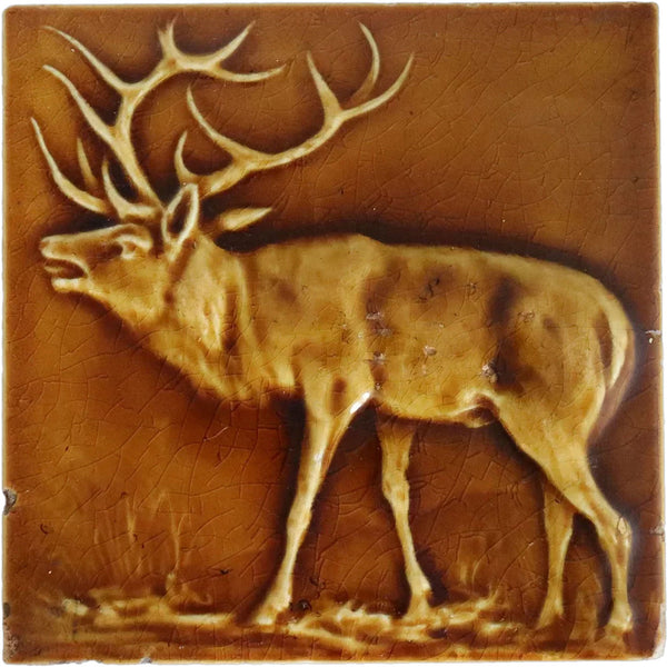 American Hamilton Tile Works Pottery Brown Glaze Sparring Elk Tile