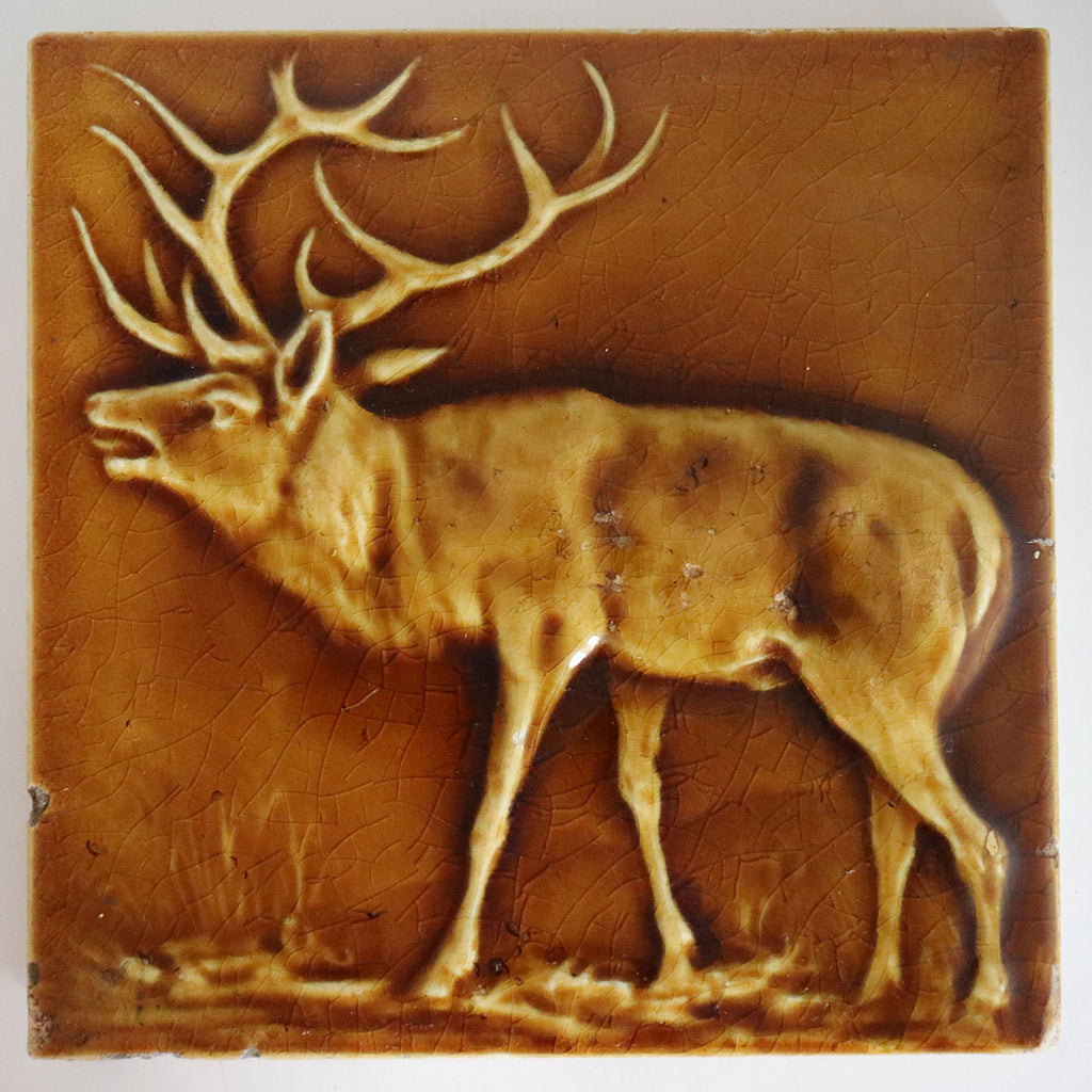 American Hamilton Tile Works Pottery Brown Glaze Sparring Elk Tile