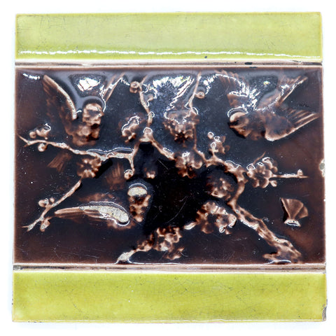 English Aesthetic Movement Majolica Pottery Birds and Branch Square Tile