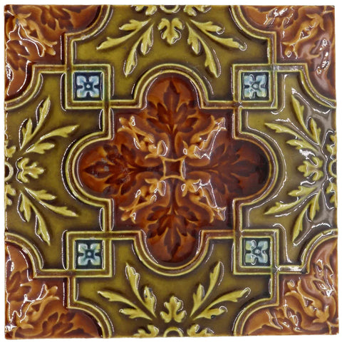 English Majolica Glazed Relief Molded Pottery Tile