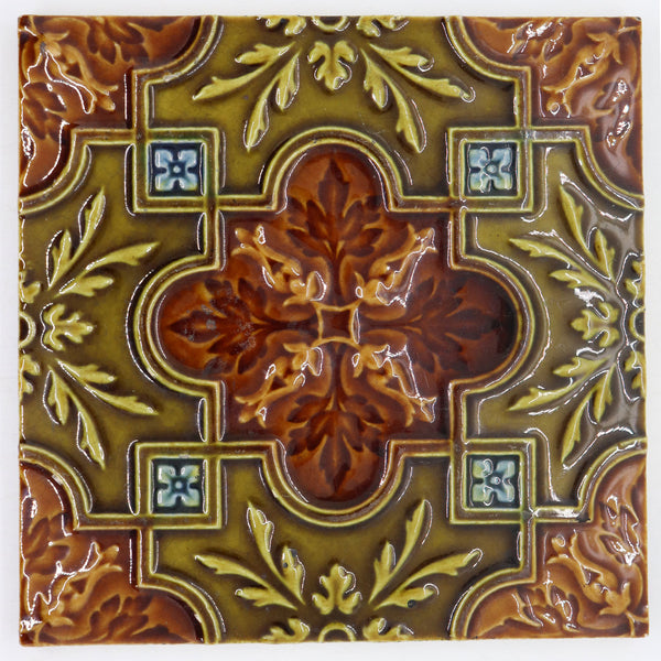 English Majolica Glazed Relief Molded Pottery Tile