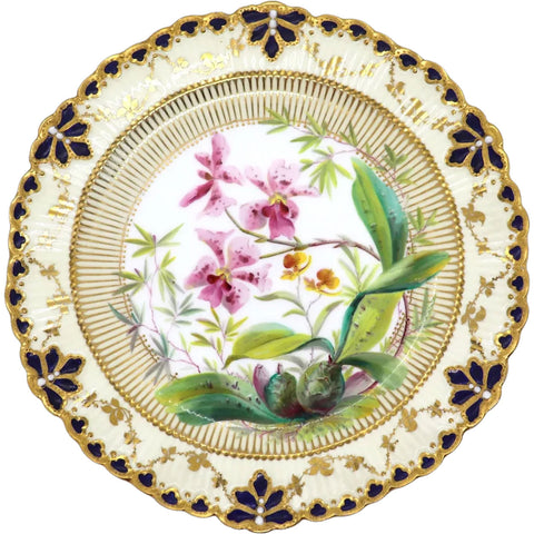 English Royal Crown Derby Henry Deakin Gilt Porcelain Orchid Botanical Plate