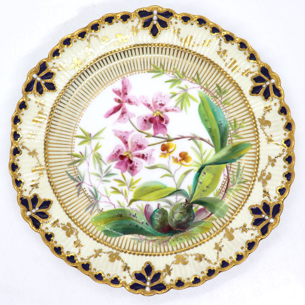 English Royal Crown Derby Henry Deakin Gilt Porcelain Orchid Botanical Plate