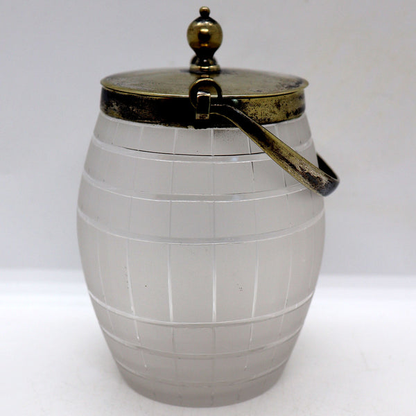 English Silverplate Mounted Frosted Glass Barrel-Form Jar