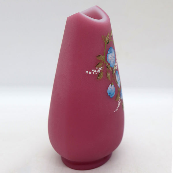 American Fenton Cased Satin Glass Rose Quartz Enamelled Floral Cabinet Vase
