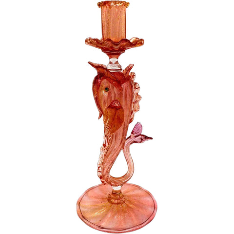 Italian Venetian Salviati Pink Gold Aventurine Glass Dolphin Candlestick