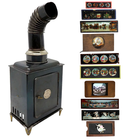 German and English Tin Kerosene Magic Lantern Projector Case and (10) Slides