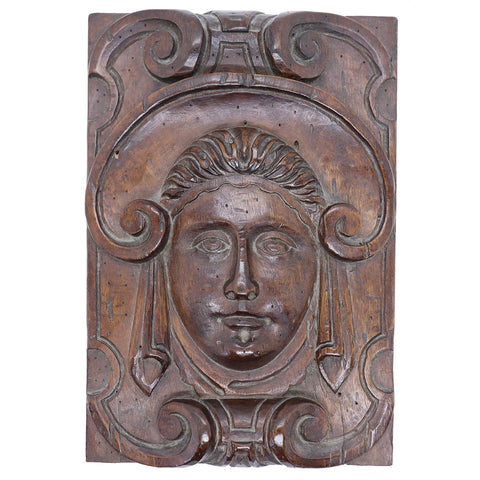 Small French Baroque Walnut Carved Female Mascaron Architectural Panel