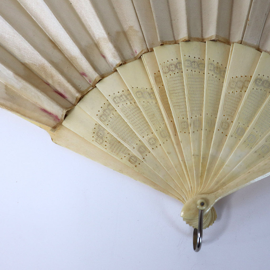 Ivory Fan Two Vintage Japanese Hand Painted Silk and Ivory Folding Fans