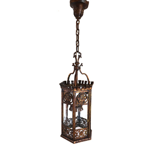 American Tudor Revival Gilt Bronze and Glass Hexagonal One-Light Hall Lantern