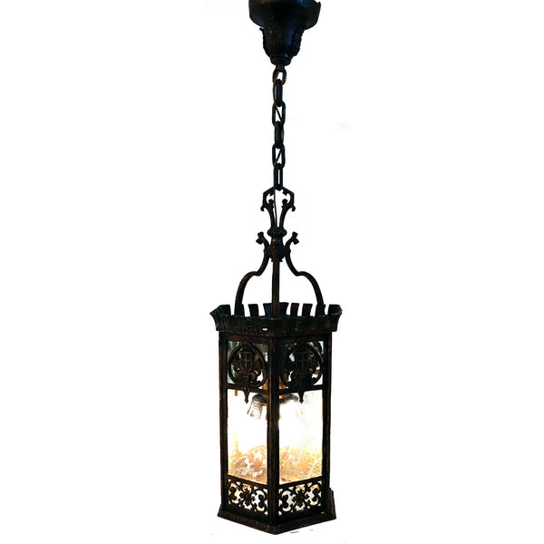 American Tudor Revival Gilt Bronze and Glass Hexagonal One-Light Hall Lantern
