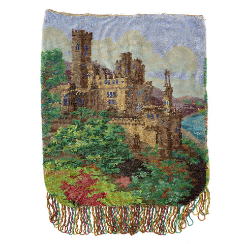 Large English Micro-Beaded Scenic Castle Handbag