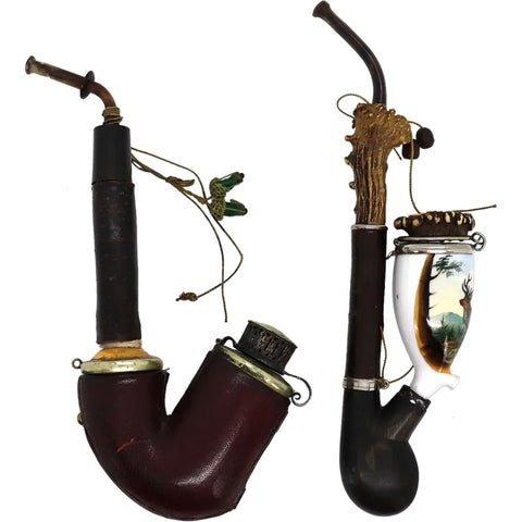 Two German Porcelain, Bone and Leather Pipes