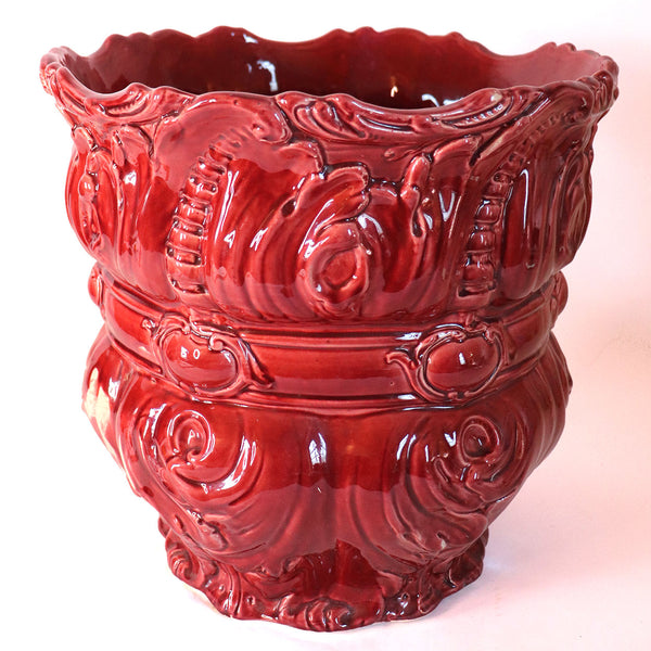 Large American Rococo Revival Majolica Pottery Red Glazed Planter