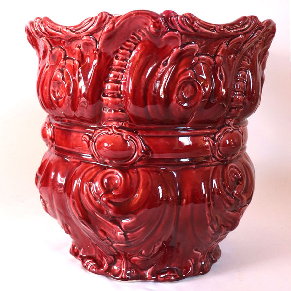 Large American Rococo Revival Majolica Pottery Red Glazed Planter