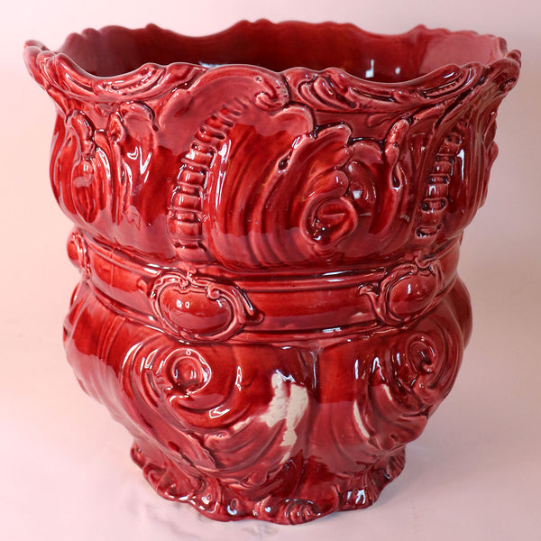 Large American Rococo Revival Majolica Pottery Red Glazed Planter