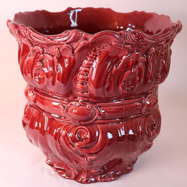 Large American Rococo Revival Majolica Pottery Red Glazed Planter