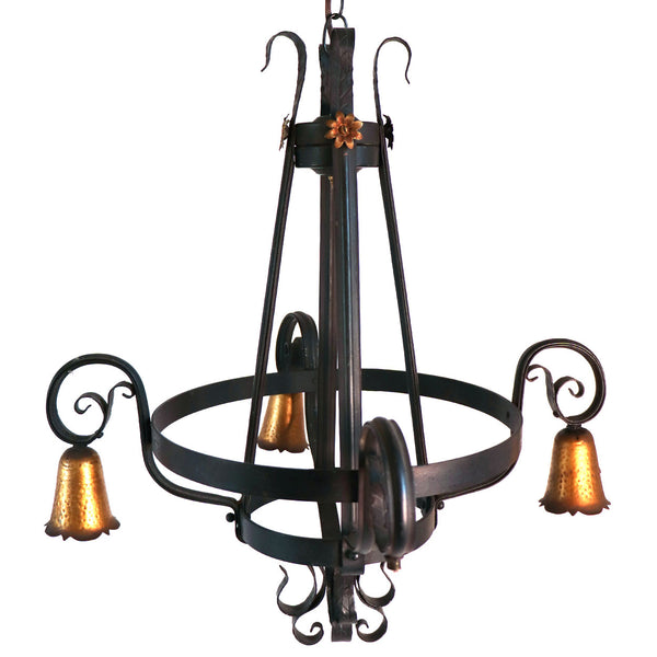 American Wrought Iron and Hammered Copper Four-Light Chandelier