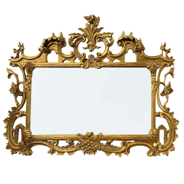 Large Italian Rococo Revival Gold Leaf Pine Overmantel Mirror