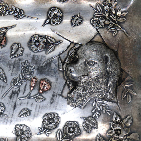 American Hartford Silver Plate and Copper Cat and Dog Calling Card Tray